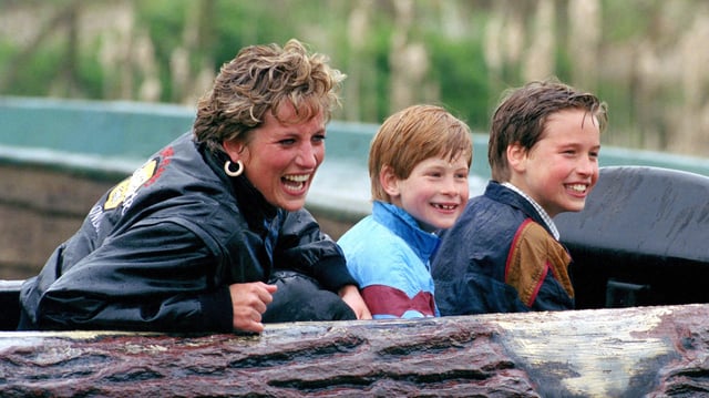 Princess Diana with her sons at an amusement park. The boys are locked into a battle over her legacy.