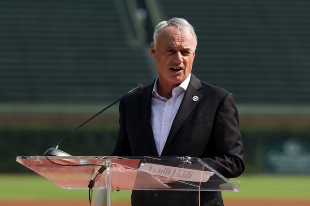 MLB Commissioner Rob Manfred announces that Wrigley Field will host the 2027 All-Star Game during a ceremony Aug. 1, 2025. (Eileen T. Meslar/Chicago Tribune)