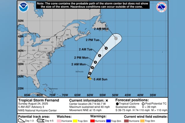 An NHC graphic shows Fernand's expected path.