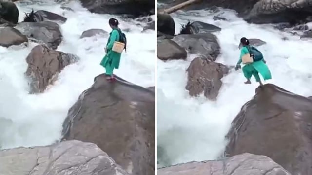 Kamla Devi, a 40-year-old health worker, was seen jumping from one boulder to another as she held her shoes in one hand.