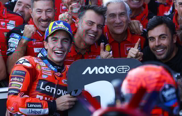 MotoGP - Hungarian Grand Prix - Balaton Park Circuit, Balatonfokajart, Hungary - August 24, 2025 Ducati Lenovo Team's Marc Marquez celebrates winning the MotoGP race REUTERS/Bernadett Szabo