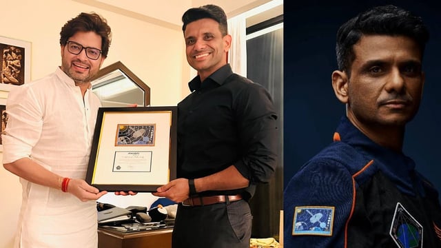 Astronaut and Group Captain Shubhanshu Shukla presenting the space-travelled badge to its designer Manish Tripathi; (right) Shux wearing the badge