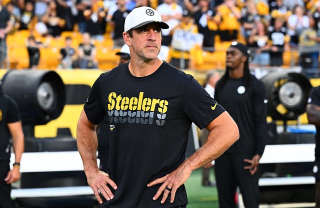 Aaron Rodgers #8 of the Pittsburgh Steelers looks on during the NFL Preseason 2025 game against the Tampa Bay Buccaneers at Acrisure Stadium on August 16, 2025 in Pittsburgh, Pennsylvania.