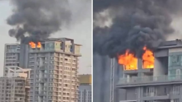 FIRE BROKE OUT IN FLATS ON 11TH AND 12TH FLOOR OF VAISHNAV HEIGHTS BUILDING IN GOREGAON EAST AREA OF ​​MUMBAI. | Image: FIRE BROKE OUT IN FLATS OF VAISHNAV HEIGHTS 