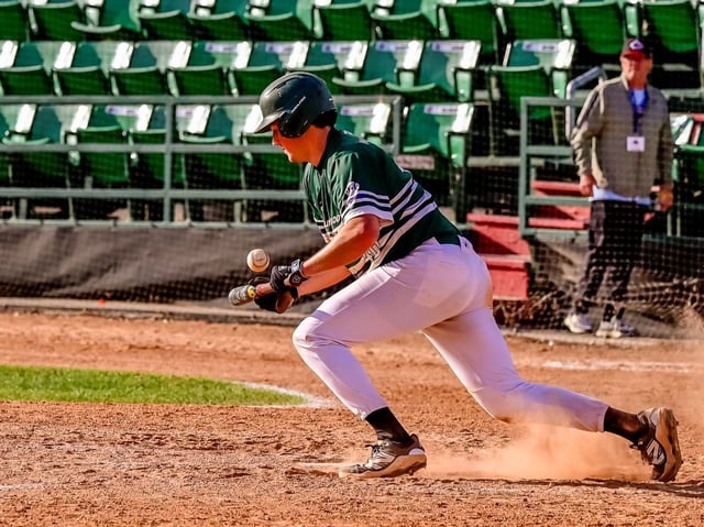  The Charlottetown Gaudet’s Auto Body Islanders’ Logan MacDougall attempts to lay down a sacrifice bunt against British Columbia at the 2025 Baseball Canada national senior men’s championship in Regina on Aug. 23.