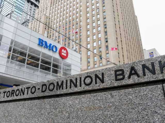 TD Bank and Bank of Montreal signage is pictured in the financial district in Toronto, Friday, Sept. 8, 2023.