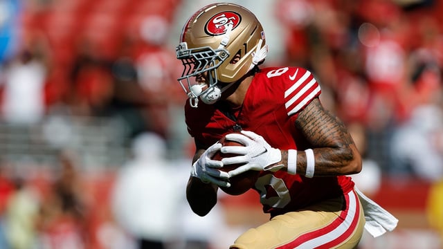 Aug 23, 2025; Santa Clara, California, USA; San Francisco 49ers wide receiver Skyy Moore (6) warms up before a game against the Los Angeles Chargers at Levi's Stadium. Mandatory Credit: Sergio Estrada-Imagn Images