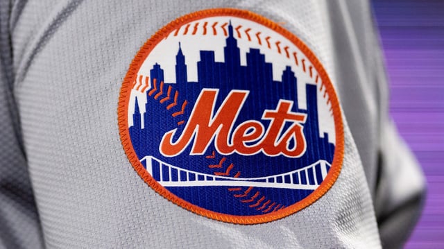 May 15, 2024; Philadelphia, Pennsylvania, USA; New York Mets logo on the sleeve of J.D. Martinez during a game against the Philadelphia Phillies at Citizens Bank Park. Mandatory Credit: Bill Streicher-Imagn Images
