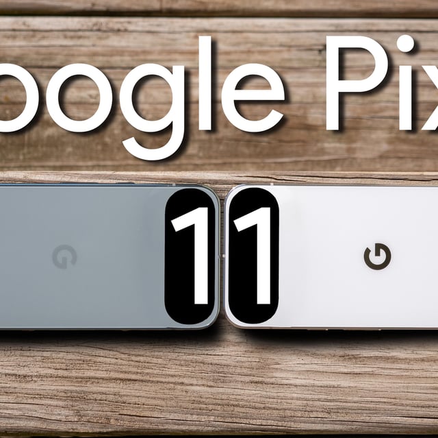 Two Google Pixel phones on a wood staircase with a silhouetted camera island and the number 11 inside