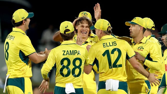 Cooper Connolly celebrates his five-wicket haul alongside Australian teammates in the third ODI.