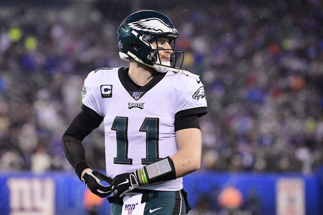 Carson Wentz #11 of the Philadelphia Eagles reacts against the New York Giants at MetLife Stadium on December 29, 2019 in East Rutherford, New Jersey.