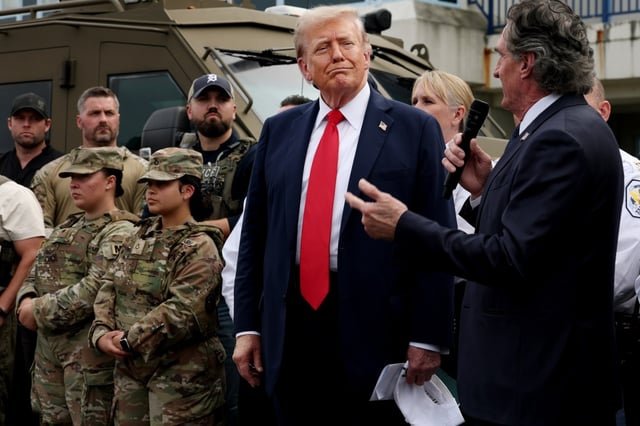 WASHINGTON, DC – AUGUST 21: U.S. President Donald Trump speaks to law enforcement officers alongside Interior Secretary Doug Burgum (R) at the U.S. Park Police Anacostia Operations Facility on August 21, 2025 in Washington, DC. The Trump administration has deployed federal officers and the National Guard to the District in order to place the DC Metropolitan Police Department under federal control and assist in crime prevention in the nation’s capital. (Photo by Anna Moneymaker/Getty Images)
