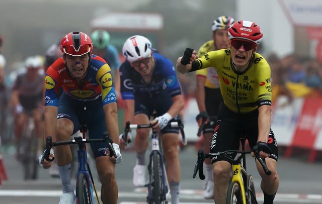 Cycling - Vuelta a Espana - Stage 2 - Alba to Limone Piemonte - Limone Piemonte, Italy - August 24, 2025 Team Visma | Lease A Bike's Jonas Vingegaard celebrates winning stage 2 REUTERS/Manon Cruz
