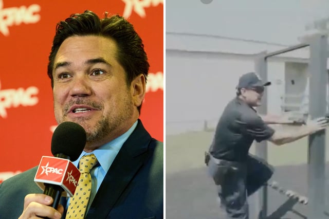 (Left) Dean Cain at CPAC-DC at the Gaylord National Resort in Oxon Hill, MD Thursday, 20, 2025. (Right) A screenshot of the video shared by ICE on Sunday.