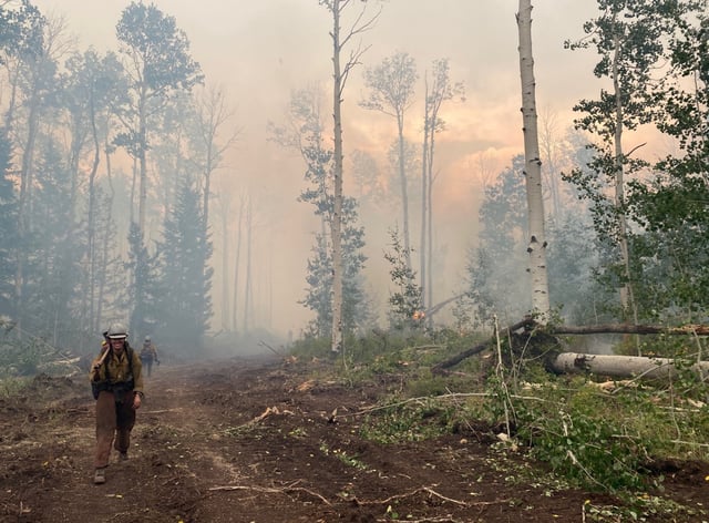 The Stoner Mesa fire burns in southwestern Colorado's San Juan National Forest on Saturday, Aug. 23, 2025. (Photo provided by Stoner Mesa Fire Information)