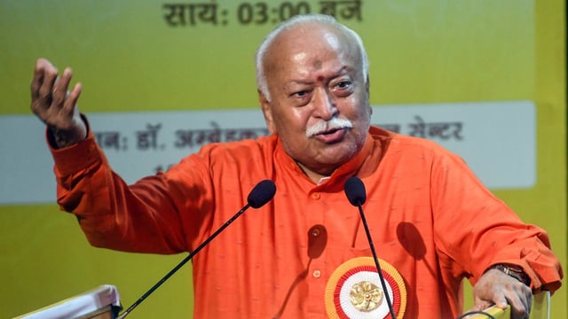 RSS chief Mohan Bhagwat addressing an event in New Delhi.
