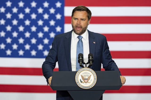 Vice President JD Vance speaks to supporters to highlight President Trumps's Working Families Tax Cuts in Peachtree City, GA on August 21, 2025.