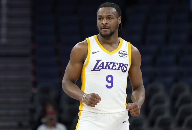 Bronny James Jr. #9 of the Los Angeles Lakers reacts after a teammate scored and was fouled on the shot against the Miami Heat during the second half of the 2024 California Classic at Chase Center on July 10, 2024 in San Francisco, California.