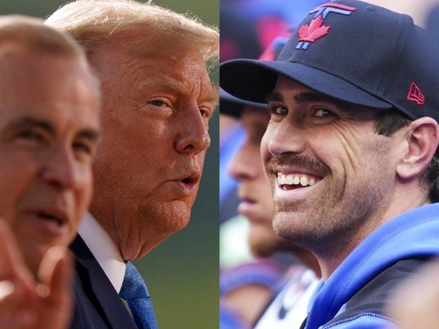Prime Minister Mark Carney (left) and U.S. President Donald Trump arrive for a photo during the Group of Seven (G7) Summit at the Kananaskis Country Golf Course in Kananaskis, Alta., on June 16, 2025; Shane Bieber #57 of the Toronto Blue Jays looks on from the dugout ahead of play against the Kansas City Royals at the Rogers Centre on Friday.