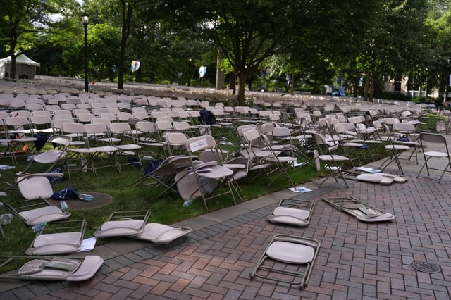 A mess of toppled chairs at the Villanova University campus where an active shooter was reported Thursday, Aug. 21, 2025, in Villanova, Pa.