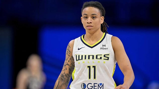 Jul 28, 2025; Arlington, Texas, USA; Dallas Wings guard JJ Quinerly (11) in action during the game between the Dallas Wings and the New York Liberty at College Park Center. Mandatory Credit: Jerome Miron-Imagn Images