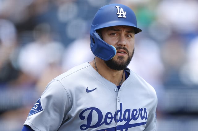 TAMPA, FLORIDA - AUGUST 3: Michael Conforto #23 of the Los Angeles Dodgers draws a walk in the sixth inning during a game against the Tampa Bay Rays at George M. Steinbrenner Field on August 3, 2025 in Tampa, Florida. (Photo by Brandon Sloter/Getty Images)