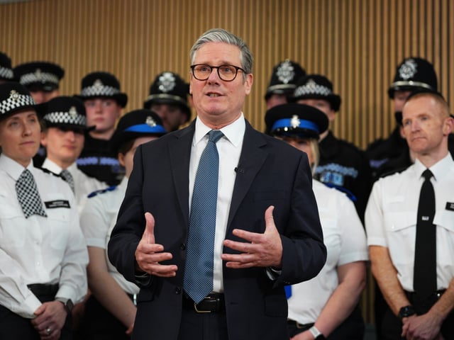HUNTINGDON, ENGLAND - APRIL 10: Prime Minister Keir Starmer speaks, as the Labour Party unveil their plan to restore faith in Neighbourhood policing, at Cambridgeshire Police HQ on April 10, 2025 in Huntingdon, United Kingdom. The Labour leadership announce key details of their plan to deliver named and contactable officers for every neighbourhood and guaranteed police patrols in busy areas at peak times. (Photo by Carl Court/Getty Images)