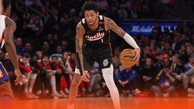 Mar 30, 2025; New York, New York, USA; Portland Trail Blazers guard Anfernee Simons (1) dribbles during the first half against the New York Knicks at Madison Square Garden. Mandatory Credit: Vincent Carchietta-Imagn Images
