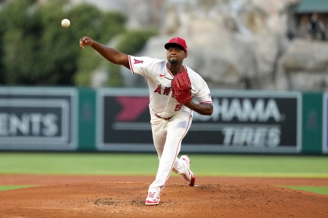 Aug 11, 2025; Anaheim, California, USA; Los Angeles Angels starting pitcher Jose Soriano (59) throws in the first inning against the Los Angeles Dodgers at Angel Stadium. Mandatory Credit: Kirby Lee-Imagn Images/File photo