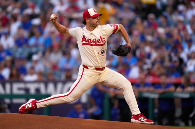 Angels starting pitcher Victor Mederos throws to the plate during the first inning of a game against the Chicago Cubs on Saturday, Aug. 23, 2025, Angel Stadium. (AP Photo/Mark J. Terrill)