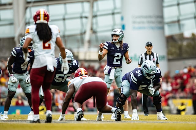 Dublin, Ireland - August 23: Avery Johnson of Kansas State Wildcats looks on during the 2025 Aer Lingus Classic match between Kansas State and Iowa State at Aviva Stadium on August 23, 2025 in Dublin, Ireland. (Photo by Mario Hommes/DeFodi Images/DeFodi via Getty Images)