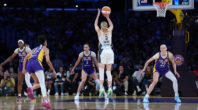 Aug 20, 2025; Los Angeles, California, USA; Dallas Wings guard Paige Bueckers (5) shoots the ball in the second half against the LA Sparks at Crypto.com Arena. Mandatory Credit: Kirby Lee-Imagn Images