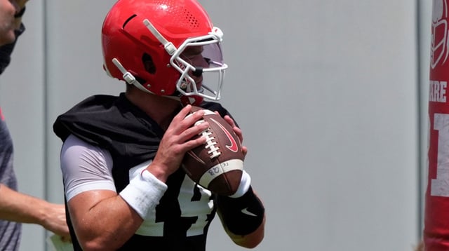 Georgia quarterback Gunner Stockton (14) at the first day of fall practice in Athens, Georgia, on Thursday, July 31, 2025.