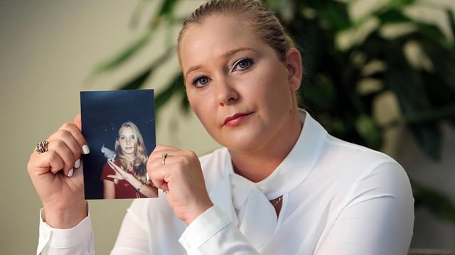 Virginia Roberts Giuffre, with a photo of herself as a teen, when she said she was abused by Jeffrey Epstein.