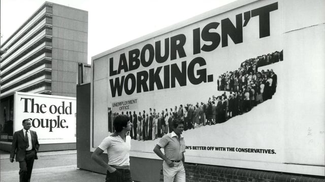 A poster, part of a Conservative advertising campaign designed by Saatchi & Saatchi, in 1978