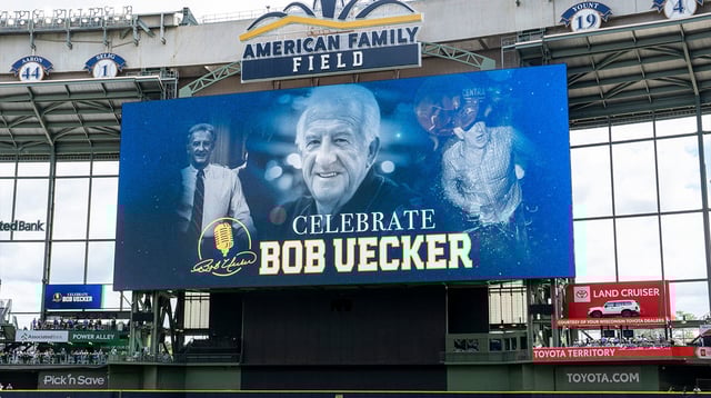 An image of Bob Uecker is displayed during the Milwaukee Brewers' Bob Uecker celebration of life on Sunday August 24, 2025 at American Family Field in Milwaukee, WI. Jovanny Hernandez / Milwaukee Journal Sentinel / USA TODAY NETWORK via Imagn Images