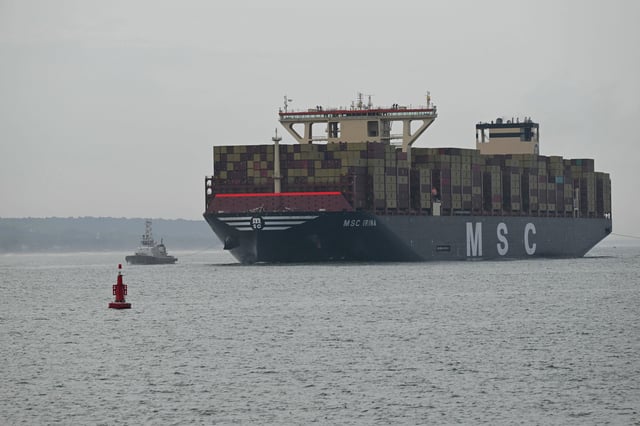 The world's largest container ship, MSC IRINA, arrives from outer anchorage to dock at the Vizhinjam International Seaport in Thiruvananthapuram, in India's Kerala state, on June 9, 2025.
