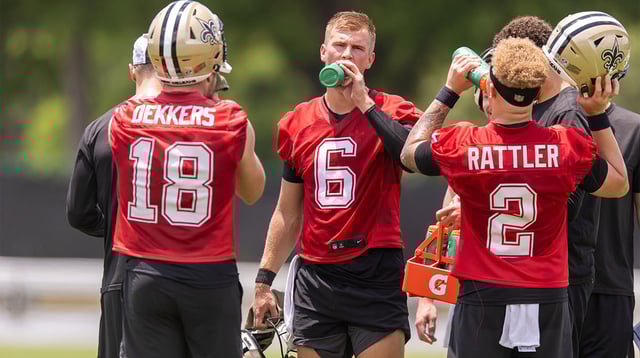 Jun 10, 2025; New Orleans, LA, USA; New Orleans Saints quarterback Tyler Shough (6) and quarterback Spencer Rattler (2) and quarterback Hunter Dekkers (18) take a water break during minicamp at Ochsner Sports Performance Center.
