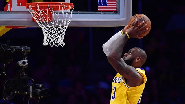 Apr 30, 2025; Los Angeles, California, USA; Los Angeles Lakers forward LeBron James (23) moves in for the dunk against the Minnesota Timberwolves during the second half in game five of first round for the 2025 NBA Playoffs at Crypto.com Arena. Mandatory Credit: Gary A. Vasquez-Imagn Images