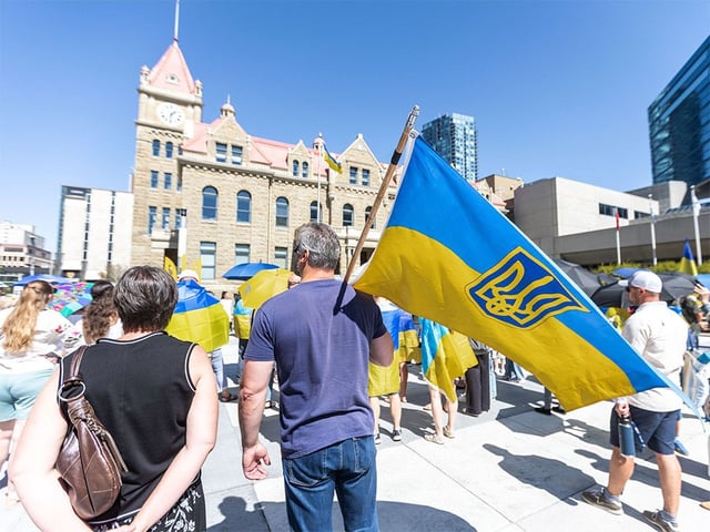  Ukrainians and supporters gathered for a rally to mark Ukrainian Independence Day at Calgary Municipal Plaza on Sunday, Aug. 24, 2025.