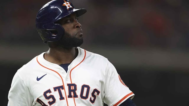 Apr 22, 2025; Houston, Texas, USA; Houston Astros designated hitter Yordan Alvarez (44) looks up after a play during the sixth inning against the Toronto Blue Jays at Daikin Park. Mandatory Credit: Troy Taormina-Imagn Images