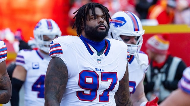 Jan 26, 2025; Kansas City, MO, USA; Buffalo Bills defensive tackle Jordan Phillips (97) against the Kansas City Chiefs during the AFC Championship game at GEHA Field at Arrowhead Stadium. Mandatory Credit: Mark J. Rebilas-Imagn Images