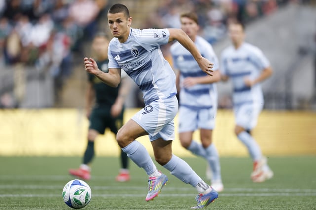 Dejan Joveljić #9 of Sporting Kansas City eyes the ball during the first half of the game against the Portland Timbers at Providence Park on May 10, 2025 in Portland, Oregon. The Portland Timbers won 1-0.