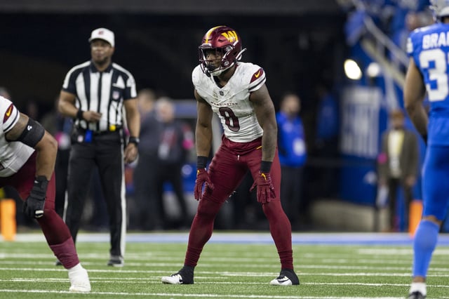 Brian Robinson Jr. #8 of the Washington Commanders lines up during an NFL Football game against the Detroit Lions at Ford Field on January 18, 2025 in Detroit, Michigan.
