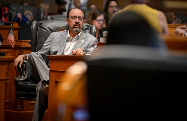 Sen. Robert Rodriguez sits at his desk during a special session at the Colorado State Capitol in Denver on Thursday, Aug. 21, 2025. (Photo by AAron Ontiveroz/The Denver Post)