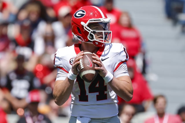 Gunner Stockton #14 of the Georgia Bulldogs drops back to pass during the third quarter of the spring G Day game at Sanford Stadium on April 12, 2025 in Athens, Georgia.