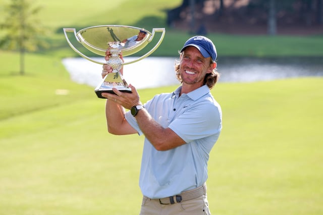 Aug 24, 2025; Atlanta, Georgia, USA; Tommy Fleetwood poses for a photo with the FedExCup Trophy after winning the TOUR Championship golf tournament. Mandatory Credit: Brett Davis-Imagn Images