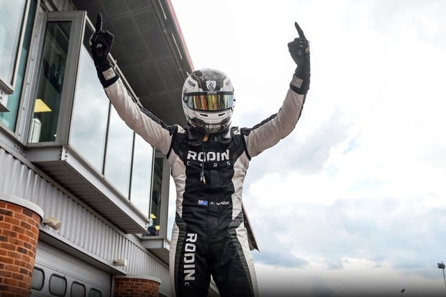 Alex Ninovic celebrates a race win in the GB3 Championship at Brands Hatch.