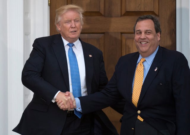 Donald Trump, shortly after his 2016 election victory, meets with Chris Christie at the clubhouse of Trump National Golf Club Nov. 20, 2016 in Bedminster, New Jersey. DON EMMERT, AFP via Getty Images