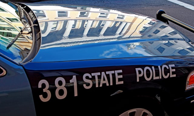 A parked Massachusetts State Police cruiser. (Photo by Matthew West/MediaNews Group/Boston Herald via Getty Images)